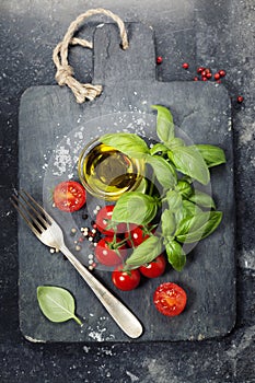 Vintage cutting board and fresh ingredients