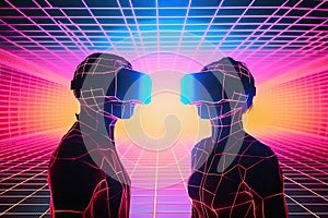 Vintage cyberspace two people in virtual reality glasses on a neon grid background. Generative ai
