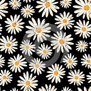Vintage Daisy flowers seamless vector pattern. Distressed white Chamomile flowers on black background. Contemporary