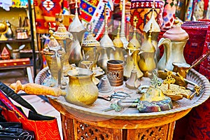 The vintage dallah coffee pots in Al Souk al Kabir Old Market in Dubai, UAE