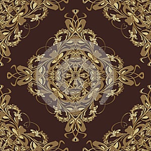 Vintage Damask vector seamless pattern. Dark red ornamental floral background with gold baroque victorian style antique ornaments