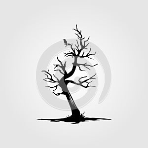 Vintage dead tree with alone bird silhouette design illustration