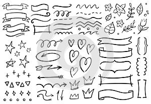 Vintage decorative doodles. Hand drawn ribbon, outline arrows and doodle holidays cards decorations vector set