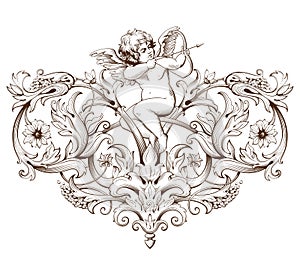 Vintage decorative element engraving with Baroque ornament pattern and cupid