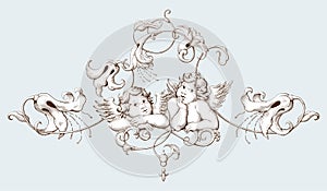 Vintage decorative element engraving with Baroque ornament pattern and cupids photo