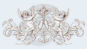 Vintage decorative element engraving with Baroque ornament pattern and cupids