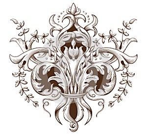 Vintage decorative element engraving with Baroque ornament pattern