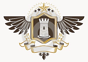 Vintage decorative heraldic vector emblem composed using medieval castle and pentagonal star