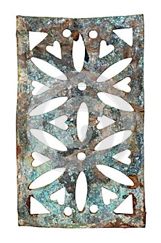 Vintage decorative ventilating grate for bathtubs with stains of oxides and rust   isolated macro