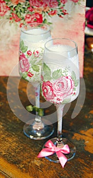 Vintage decoupage decorated wineglasses