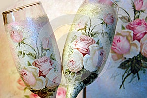 Vintage decoupage decorated wineglasses photo