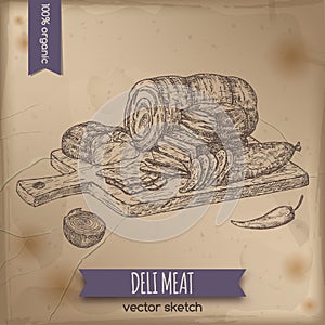 Vintage deli meats platter template placed on old paper background. photo