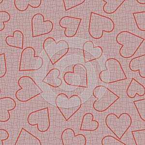 Vintage delicate seamless vector pattern with lace hearts. Red stylised mesh texture on pink background.