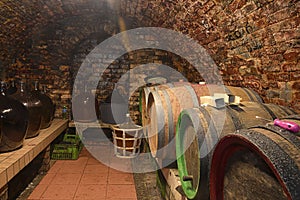 Vintage demijohns in a traditional wine cellar. Demijohn wine bottles and wooden wine barrels