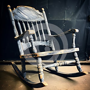 Vintage Denim Rocking Chair Capturing Rustic Charm With Natural Grain And Peeling Paint