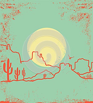 Vintage Desert landscape with Canyon and Cactuses. Arizona desert with yellow sun and cactuses silhouette on old paper texture