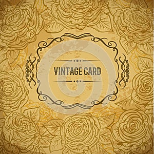Vintage design cover card with roses and leaves on aged paper background. Retro hand drawn vector illustration