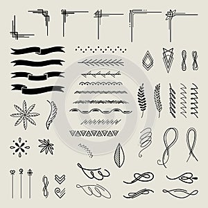 Vintage design elements. Hand drawn dividers. Vector calligraphic lines. Page decor, frames, banners and ribbons