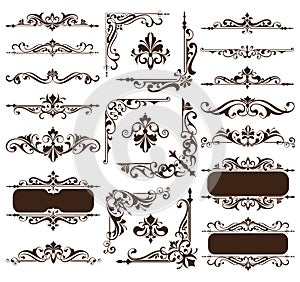 Vintage design elements ornaments frame corners curbs retro stickers and damask vector set illustration