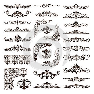 Vintage design elements ornaments frame corners curbs retro stickers and damask vector set illustration