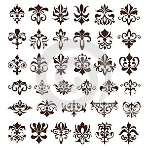 Vintage design elements ornaments frame corners curbs retro stickers and damask vector set illustration