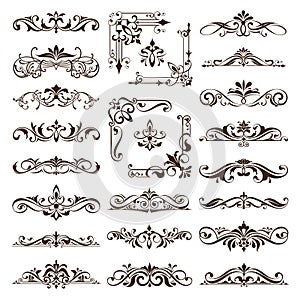 Vintage design elements ornaments frame corners curbs retro stickers and damask vector set illustration