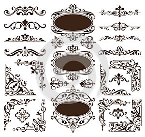 Vintage design elements ornaments frame corners curbs retro stickers and damask vector set illustration