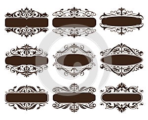 Vintage design elements ornaments frame corners curbs retro stickers and damask vector set illustration