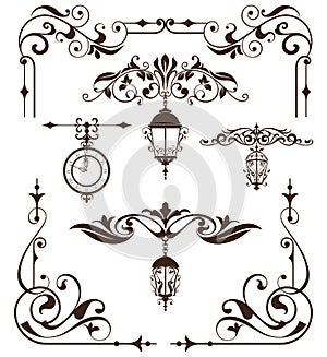 Vintage design elements ornaments frame corners curbs retro stickers and damask vector set illustration