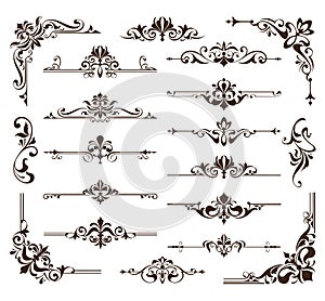 Vintage design elements ornaments frame corners curbs retro stickers and damask vector set illustration