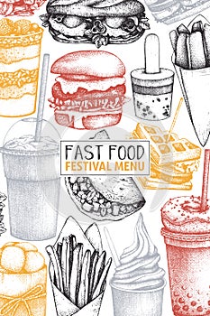 Vintage design for fast food restaurant. Vector street food menu template with hand drawn burger, milkshake, ice cream, fries, cof