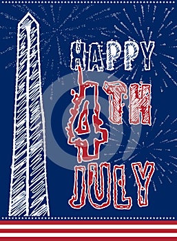 Vintage design for fourth of July Independence Day USA. Designed in american flag colors with Washigton Monument.
