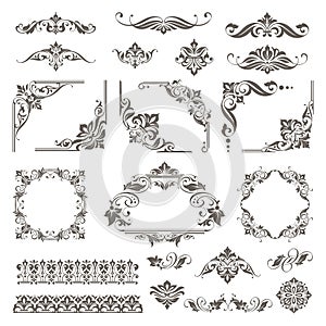 Vintage design lace borders monogram and corners, dividers Vector set art deco floral ornaments elements