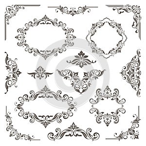 Vintage design lace borders monogram and corners, dividers Vector set art deco floral ornaments elements