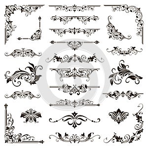 Vintage design lace borders monogram logo and corners, dividers Vector set art deco floral ornaments elements