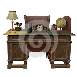 An vintage desk with old items isolated on a white background