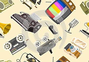 Vintage devices Seamless pattern. Retro tech media, Television tv, Audio radio music, Electronic sound recorders, Movie