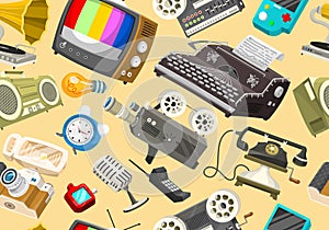 Vintage devices Seamless pattern. Retro tech media, Television tv, Audio radio music, Electronic sound recorders, Movie