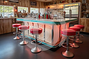 vintage diner counter with stools and neon sign