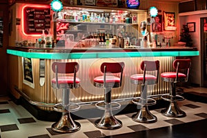 vintage diner counter with stools and neon sign