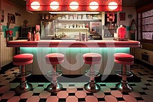 vintage diner counter with stools and neon sign