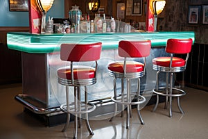 vintage diner counter with stools and neon sign