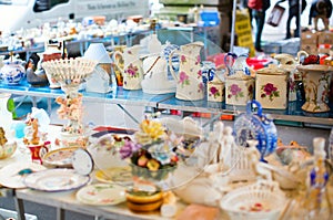 Vintage dishes on Parisian flea market