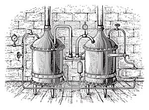 Vintage distillation apparatus sketch. Moonshining vector illustration
