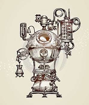 Vintage distillation apparatus sketch. Moonshining vector illustration