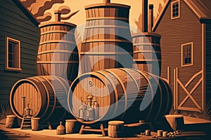 Vintage Distillery Scene with Stacked Whiskey Barrels and Copper Stills photo