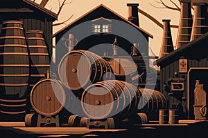 Vintage Distillery Scene with Stacked Whiskey Barrels and Copper Stills photo