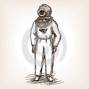 Vintage diver man with diving dress sketch vector