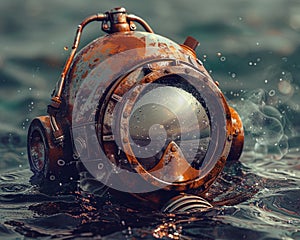 A vintage divers helmet, its glass porthole shining like a beacon, signaling the way forward and back in the digital ocean , no photo