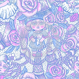 Vintage doll pink neon seamless pattern, vector flowers and needlework cartoon texture